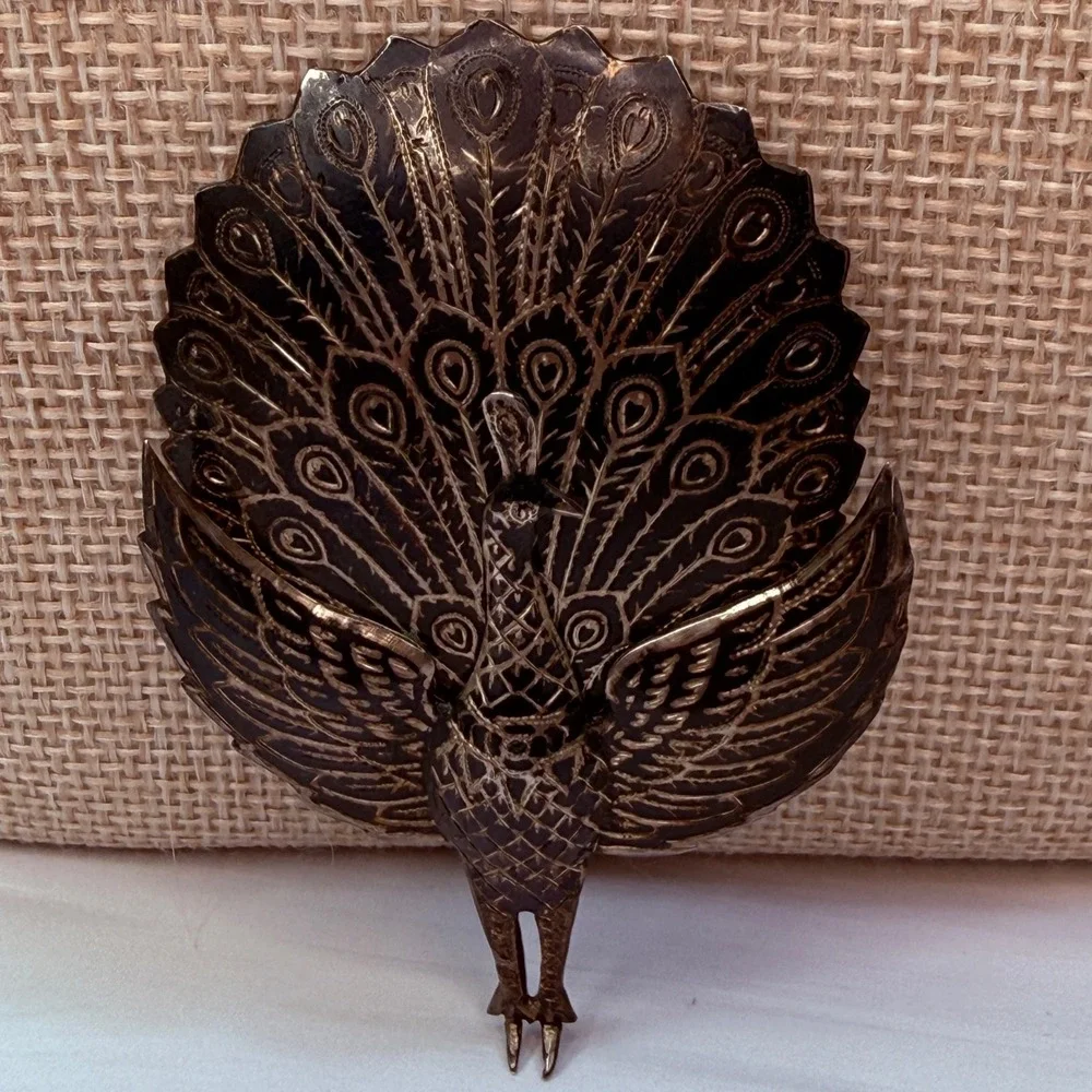 Vintage Siam Sterling Silver Niello Peacock Brooch Hinged Articulated Tail 22.9g